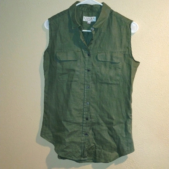 Camixa Tops - Olive Green 100% linen Sleeveless Button Down Camixa Top XS